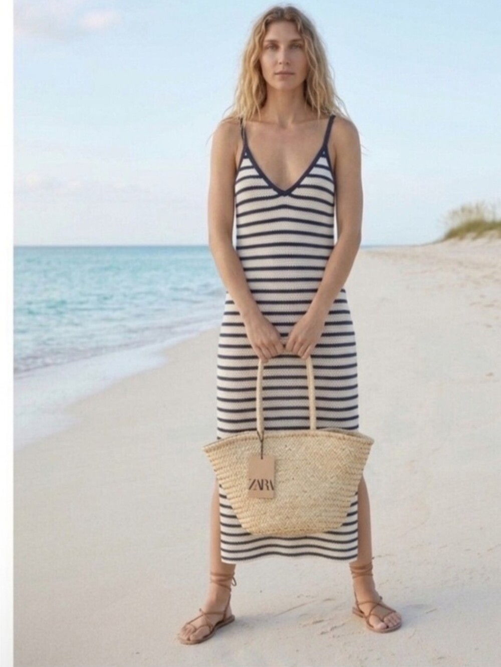 Zara Navy and White Striped Knit Slip Dress